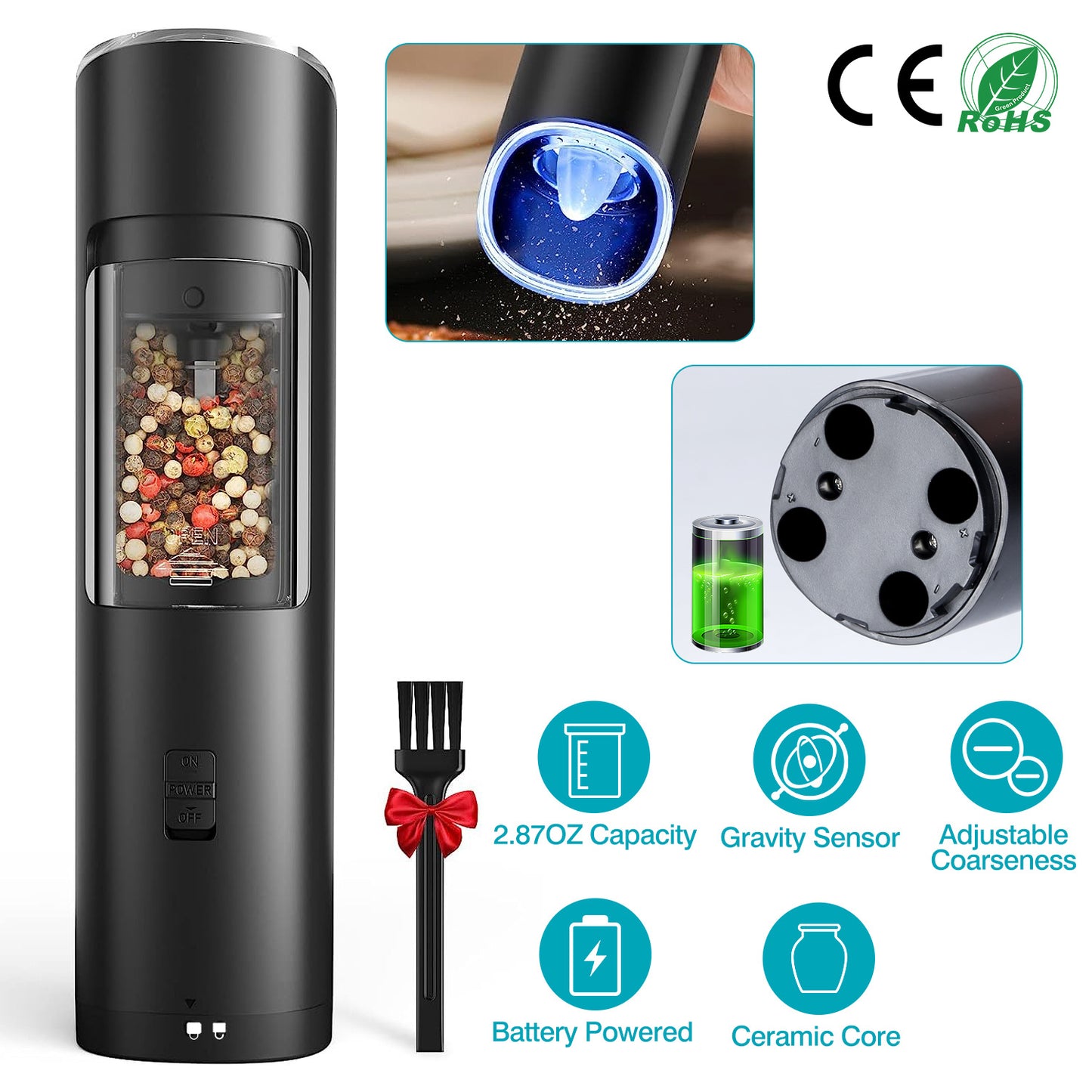 Electric Salt & Pepper Grinder – Gravity Sensor, LED Light, Adjustable Coarseness, One-Hand Operation | Battery Powered Mill