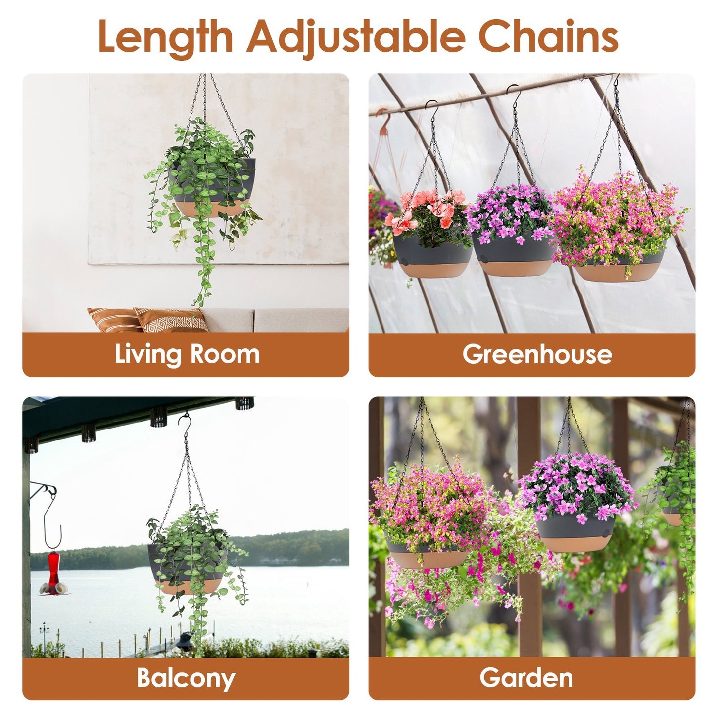 4Pcs 9.64" Hanging Planters with Drainage & Self-Watering Tray – Indoor/Outdoor Plastic Flower Pots for Herbs, Ivy, Ferns