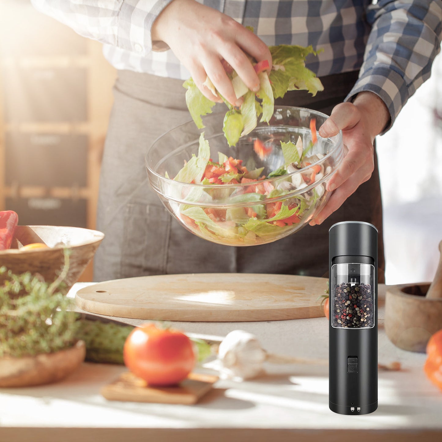 Electric Salt & Pepper Grinder – Gravity Sensor, LED Light, Adjustable Coarseness, One-Hand Operation | Battery Powered Mill