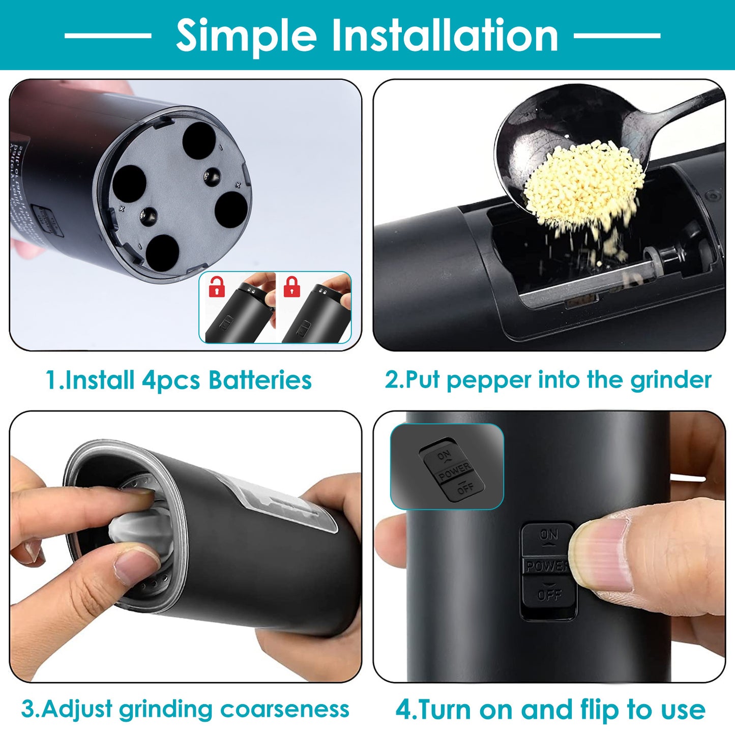 Electric Salt & Pepper Grinder – Gravity Sensor, LED Light, Adjustable Coarseness, One-Hand Operation | Battery Powered Mill