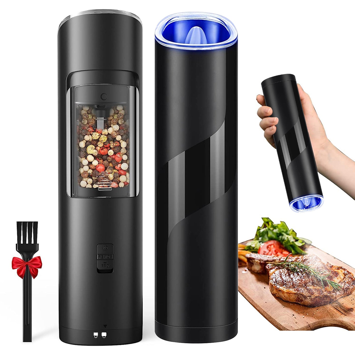 Electric Salt & Pepper Grinder – Gravity Sensor, LED Light, Adjustable Coarseness, One-Hand Operation | Battery Powered Mill
