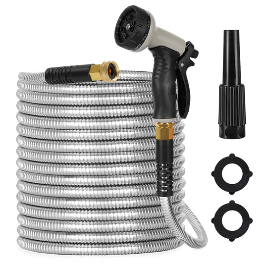 Metal Garden Hose, 100ft Stainless Steel Flexible Water Hose With 10 Adjustable Patterns Spray Nozzle
