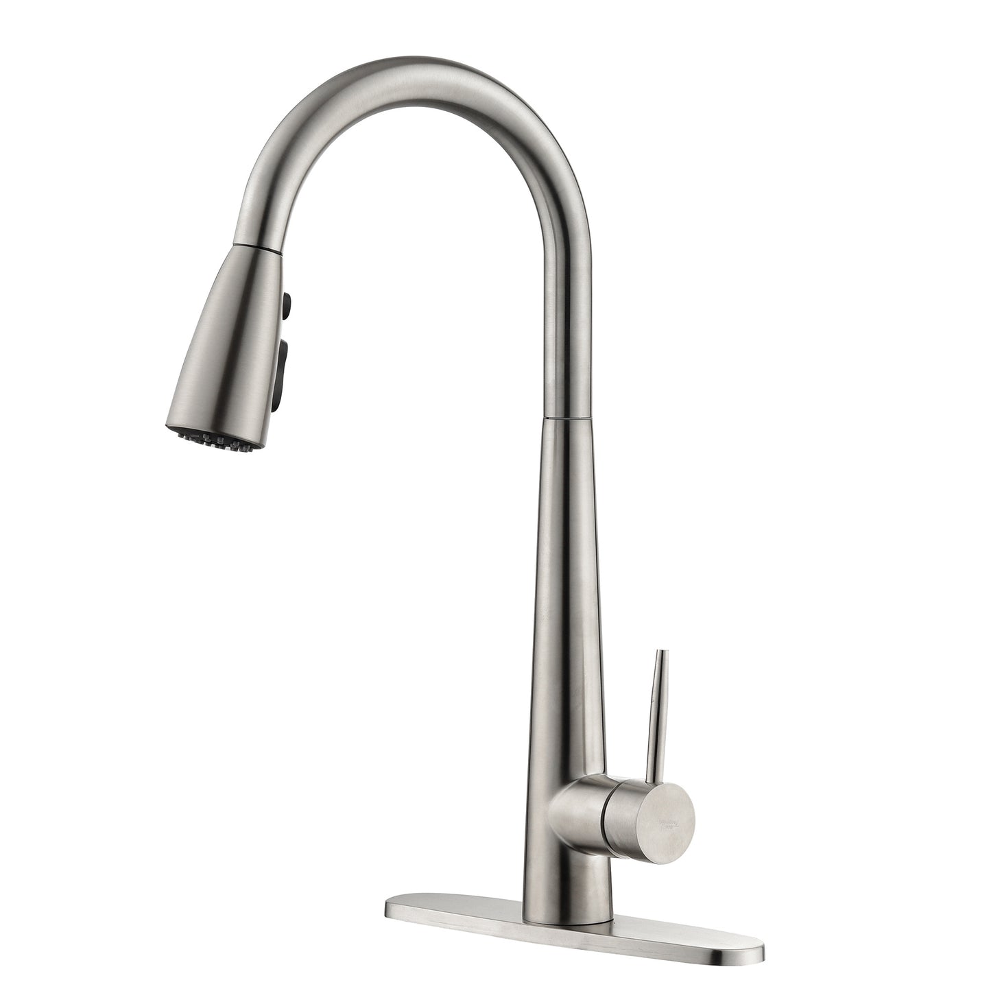 Modern High-Curvature Pull-Down Kitchen Faucet – Single Handle Stainless Steel with Deck Plate, 3-Mode Sprayer | Commercial-Grade Design