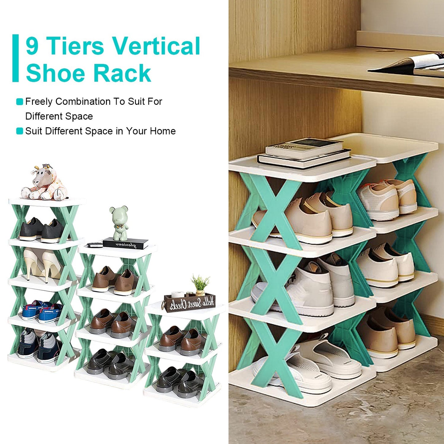 9-Tier Vertical Shoe Rack – Narrow Free-Standing Plastic Shoe Organizer for Entryway & Closet