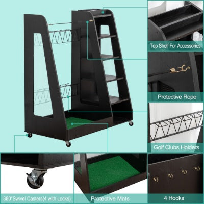 Premium Wooden Golf Bag Organizer – Garage Storage Rack for 2 Golf Bags, Shoes & Accessories with Lockable Wheels