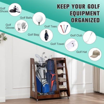 Premium Wooden Golf Bag Organizer – Garage Storage Rack for 2 Golf Bags, Shoes & Accessories with Lockable Wheels