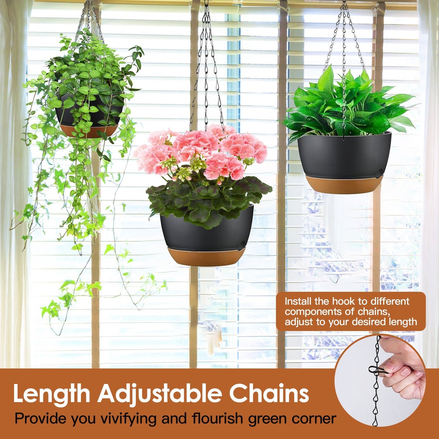 4Pcs 9.64" Hanging Planters with Drainage & Self-Watering Tray – Indoor/Outdoor Plastic Flower Pots for Herbs, Ivy, Ferns