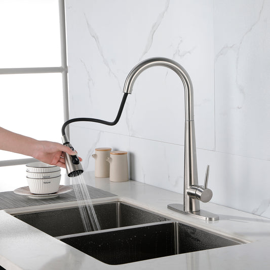 Modern High-Curvature Pull-Down Kitchen Faucet – Single Handle Stainless Steel with Deck Plate, 3-Mode Sprayer | Commercial-Grade Design
