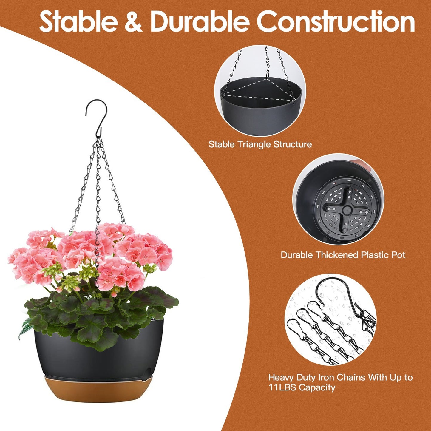 4Pcs 9.64" Hanging Planters with Drainage & Self-Watering Tray – Indoor/Outdoor Plastic Flower Pots for Herbs, Ivy, Ferns