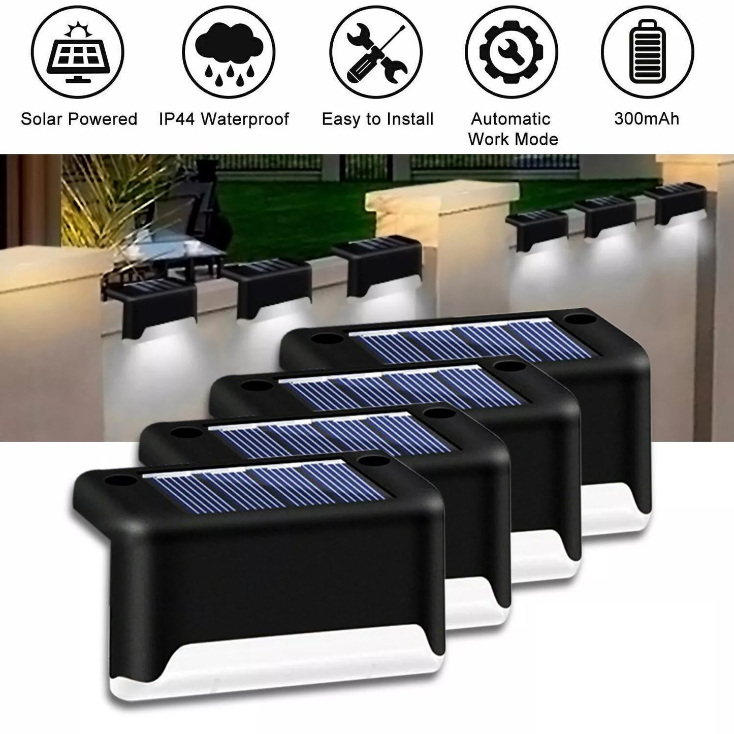 4-Pack Solar LED Deck Lights – Weatherproof Outdoor Step & Railing Lights with Warm White Glow