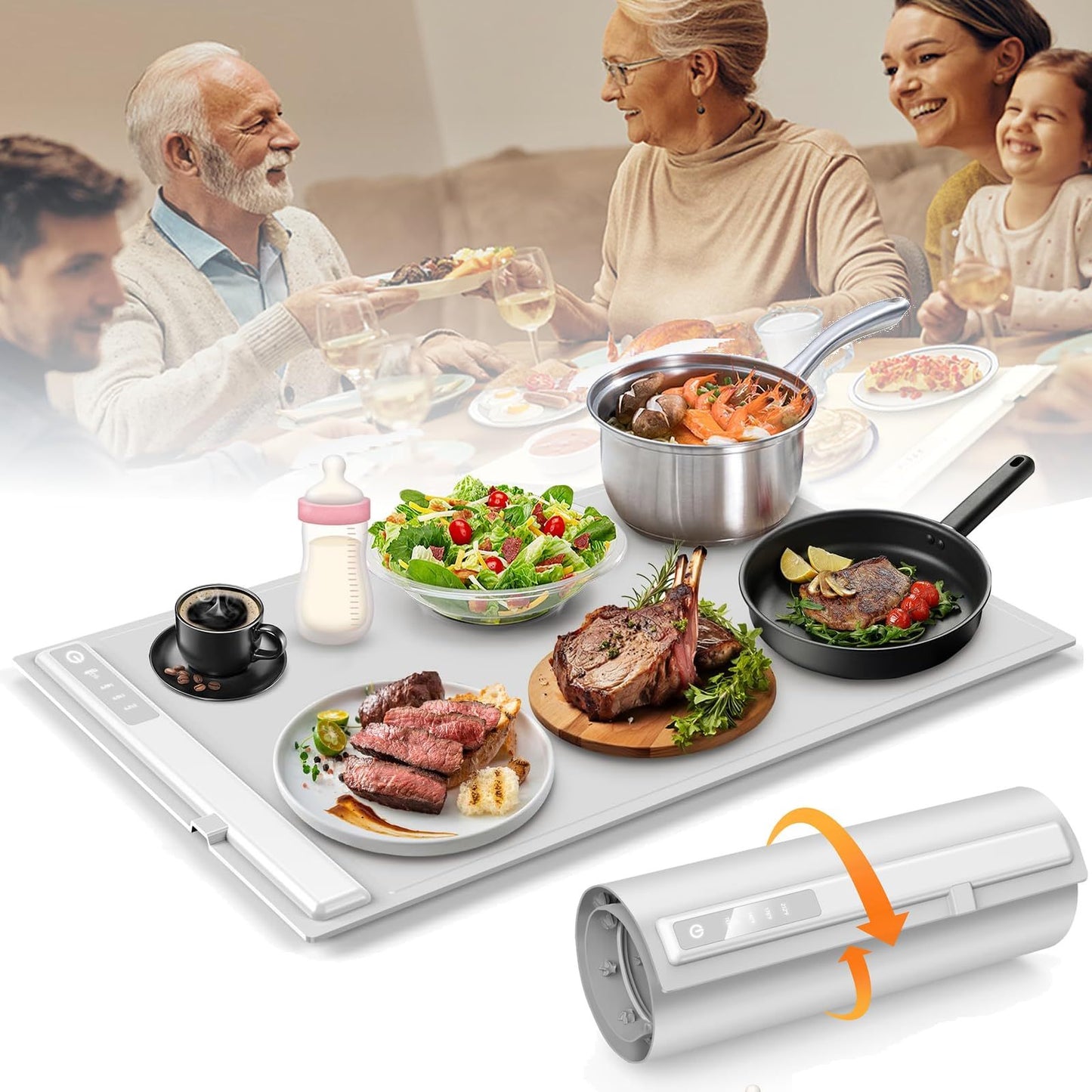 Foldable Electric Food Warming Mat Portable Buffet Heating Tray with 3 Temp Settings