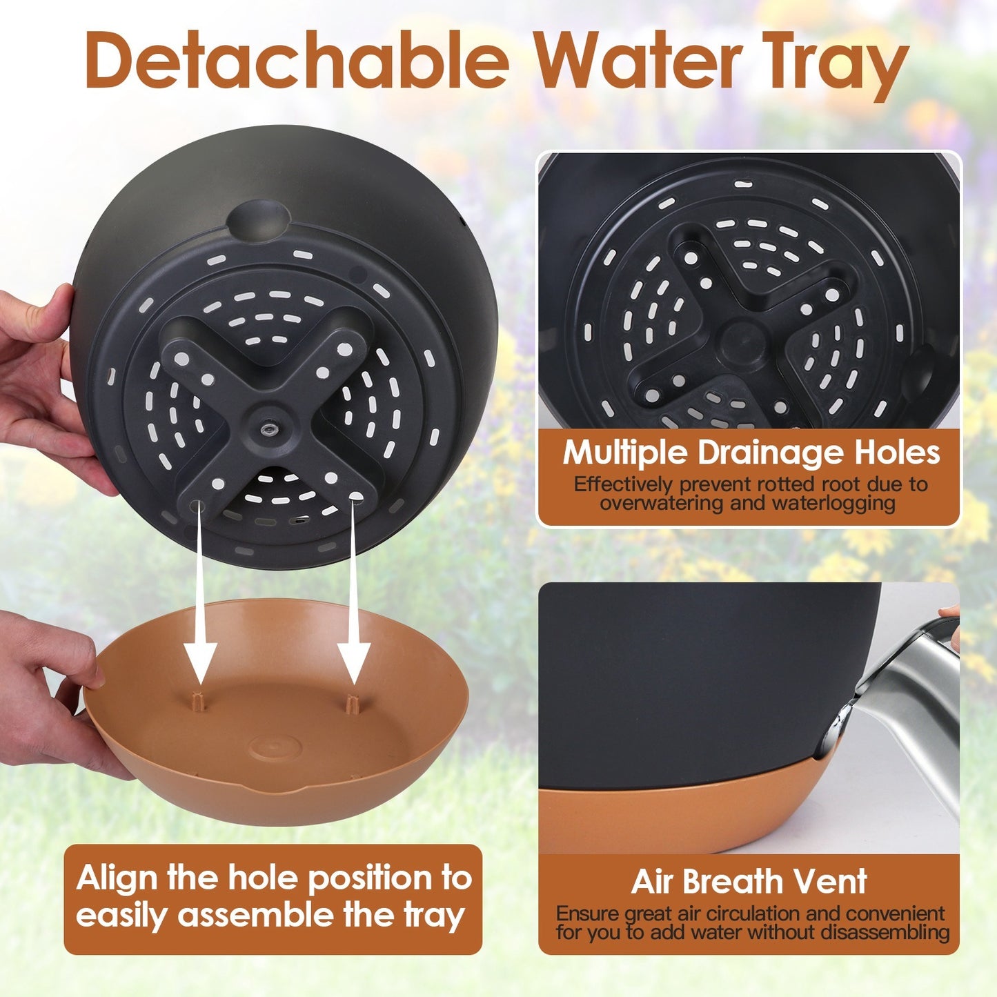 4Pcs 9.64" Hanging Planters with Drainage & Self-Watering Tray – Indoor/Outdoor Plastic Flower Pots for Herbs, Ivy, Ferns
