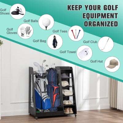 Premium Wooden Golf Bag Organizer – Garage Storage Rack for 2 Golf Bags, Shoes & Accessories with Lockable Wheels