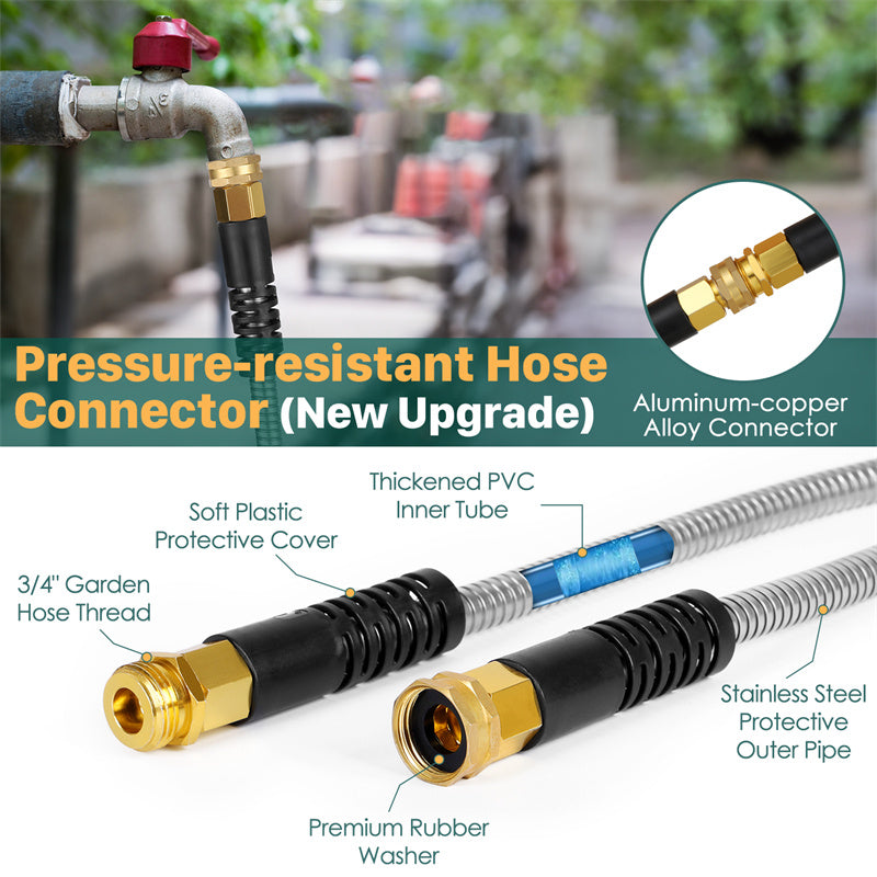 Metal Garden Hose, 100ft Stainless Steel Flexible Water Hose With 10 Adjustable Patterns Spray Nozzle