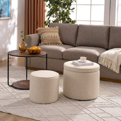 3-in-1 Multifunctional Ottoman & Coffee Table Set – With Hidden Storage & Drum Stool | Modern Space-Saving Furniture