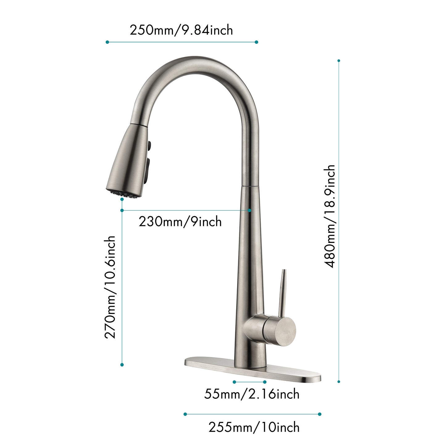 Modern High-Curvature Pull-Down Kitchen Faucet – Single Handle Stainless Steel with Deck Plate, 3-Mode Sprayer | Commercial-Grade Design
