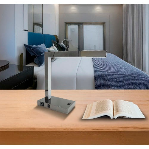 Modern LED Desk Lamp with USB Port & Power Outlet – Pewter Metal Table Lamp for Home & Office