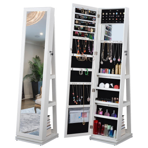 Full-Length 360° Rotating Jewelry Cabinet with Mirror – Lockable Storage Organizer