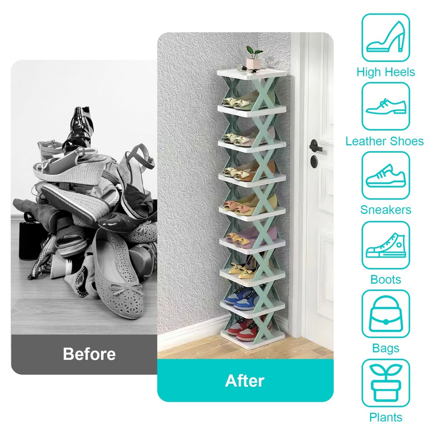9-Tier Vertical Shoe Rack – Narrow Free-Standing Plastic Shoe Organizer for Entryway & Closet
