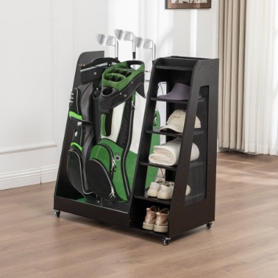 Premium Wooden Golf Bag Organizer – Garage Storage Rack for 2 Golf Bags, Shoes & Accessories with Lockable Wheels