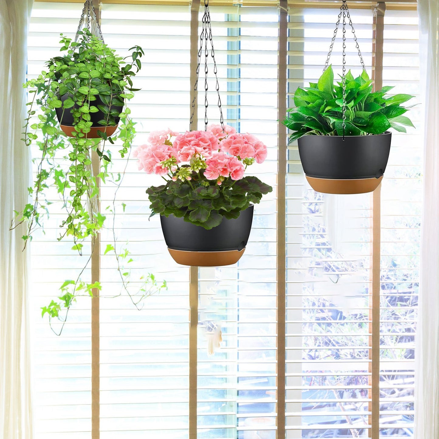 4Pcs 9.64" Hanging Planters with Drainage & Self-Watering Tray – Indoor/Outdoor Plastic Flower Pots for Herbs, Ivy, Ferns