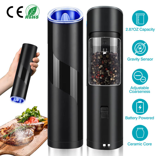Electric Salt & Pepper Grinder – Gravity Sensor, LED Light, Adjustable Coarseness, One-Hand Operation | Battery Powered Mill