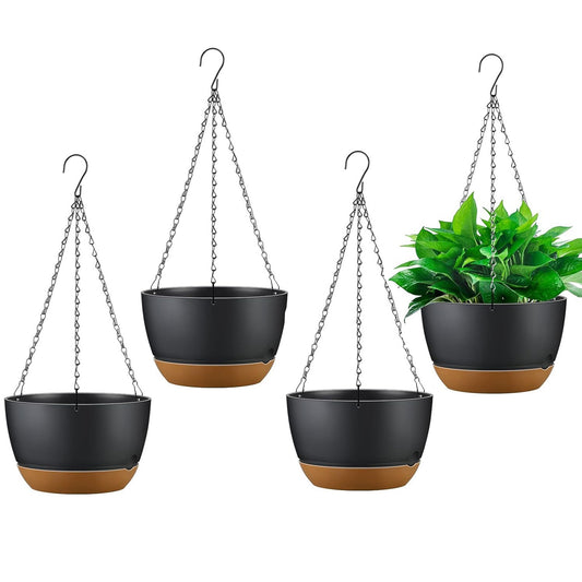 4Pcs 9.64" Hanging Planters with Drainage & Self-Watering Tray – Indoor/Outdoor Plastic Flower Pots for Herbs, Ivy, Ferns